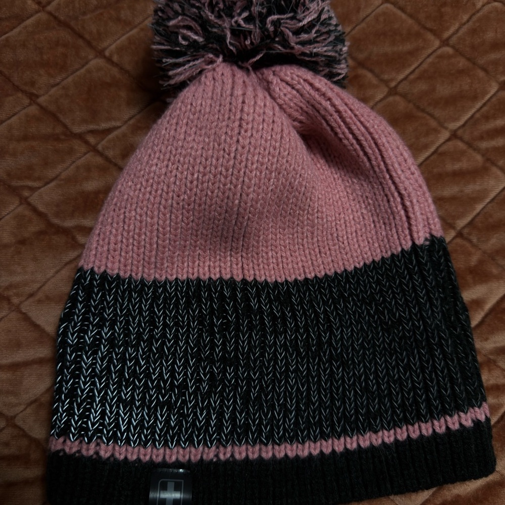 Pink and Black Knit Pom Pom Beanie